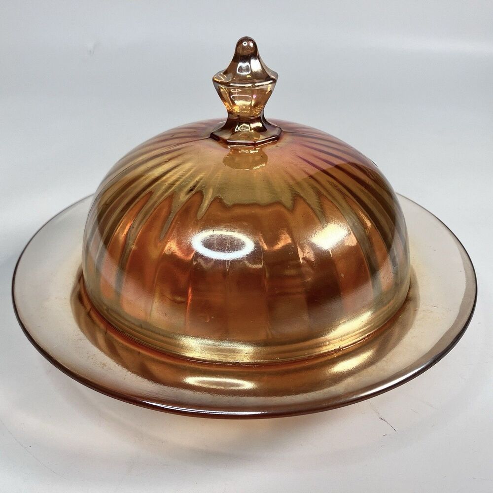 Imperial Carnival Glass Butter Dish Marigold Ribbed Pattern Dome Lid Vtg 7"
